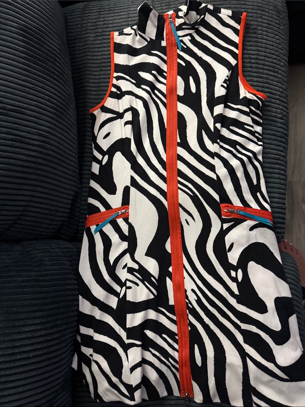 Joseoh Ribcoff-Zebra Print Sleeveless Zip Dress with Orange Trim. Very soft!